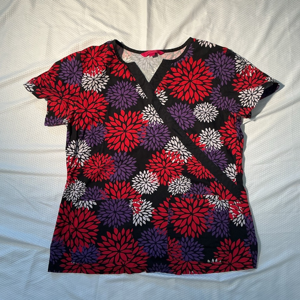Scrubs Floral Wrap-Style Short Sleeve Top in Black with Red & Purple Blooms